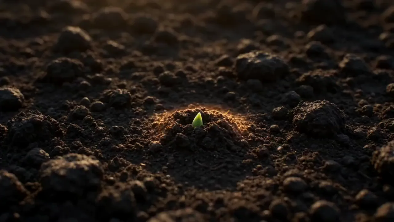 A green seedling breaking through dark soil at first light