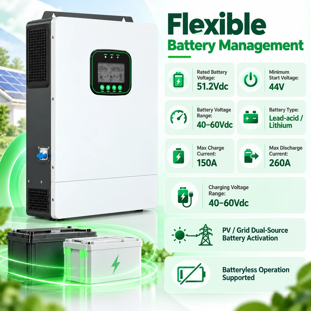Battery management: 51.2 V DC rated, 150 A charge, 260 A discharge