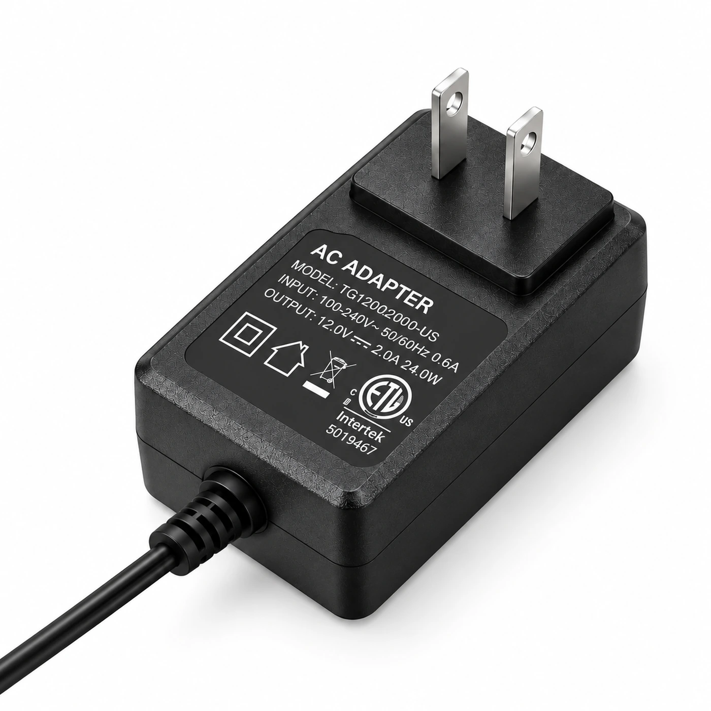 24 W US-plug adapter, rating label facing the camera