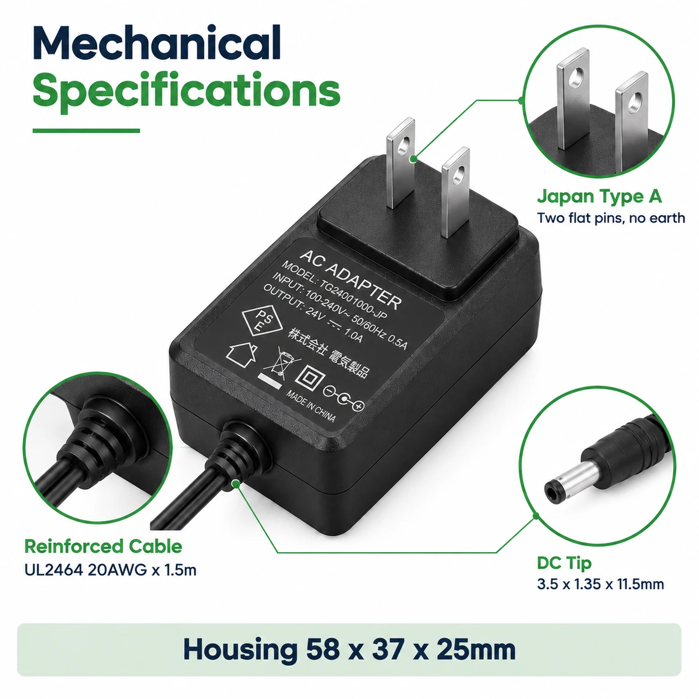 detail card: Japan Type A plug, reinforced cable and DC tip, housing 58 x 37 x 25 mm