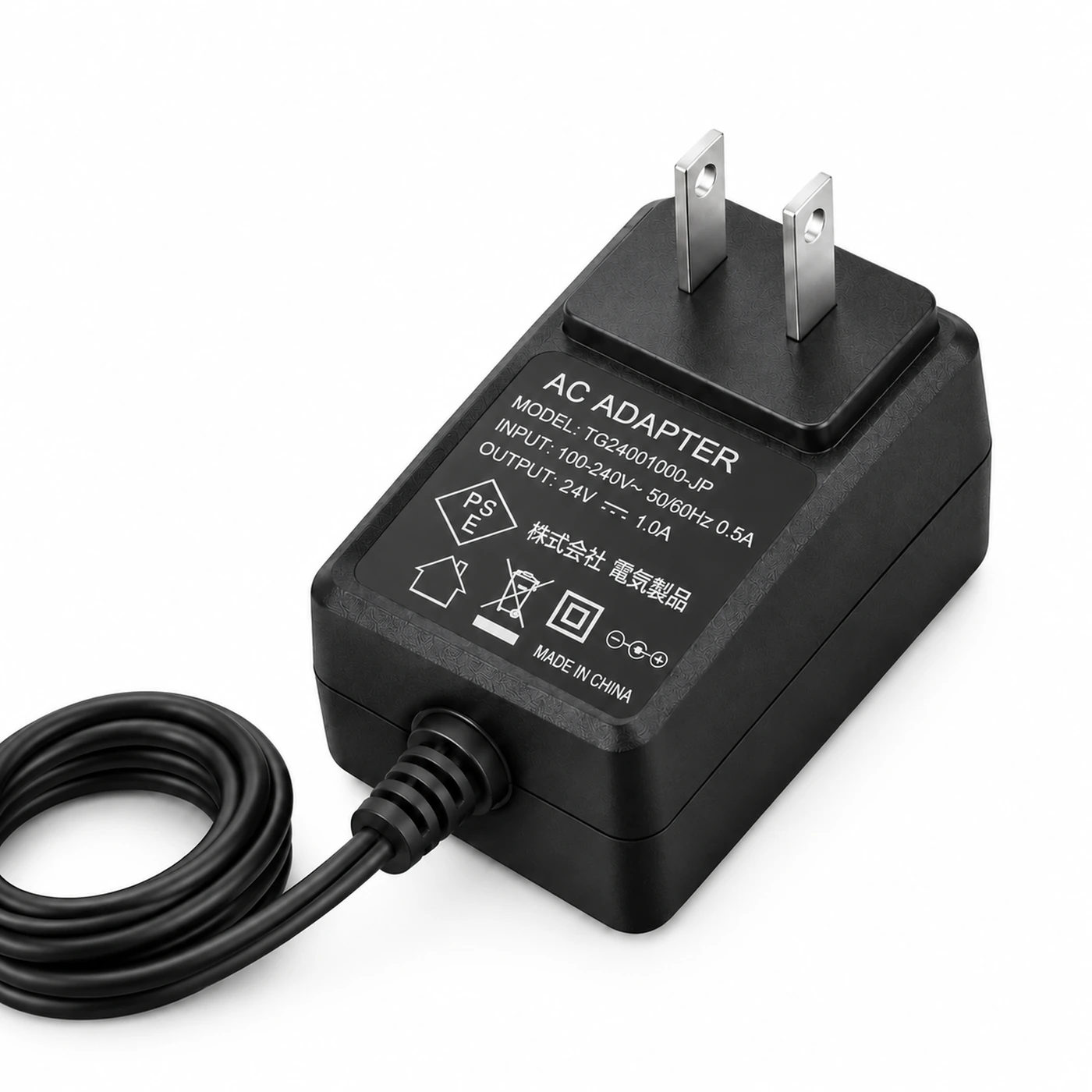 24 W Japan-plug wall adapter with its coiled output cable, on a white background