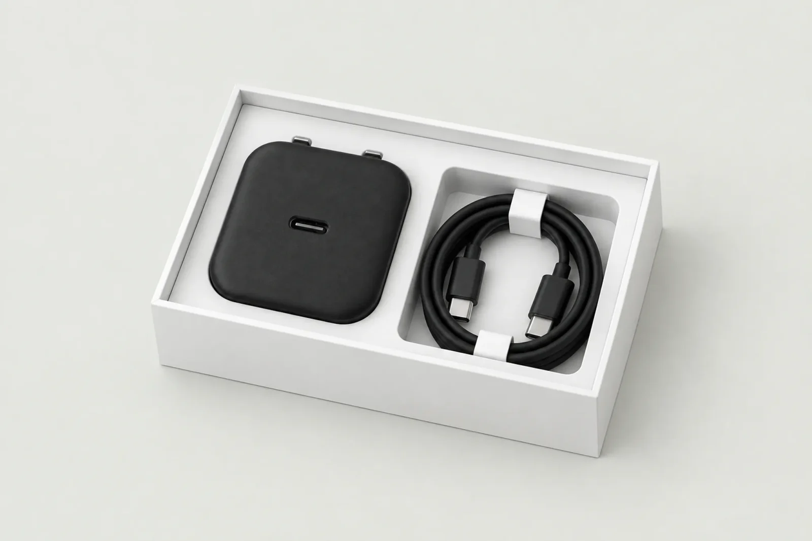 USB-C adapter and coiled cable in a plain white retail box with insert