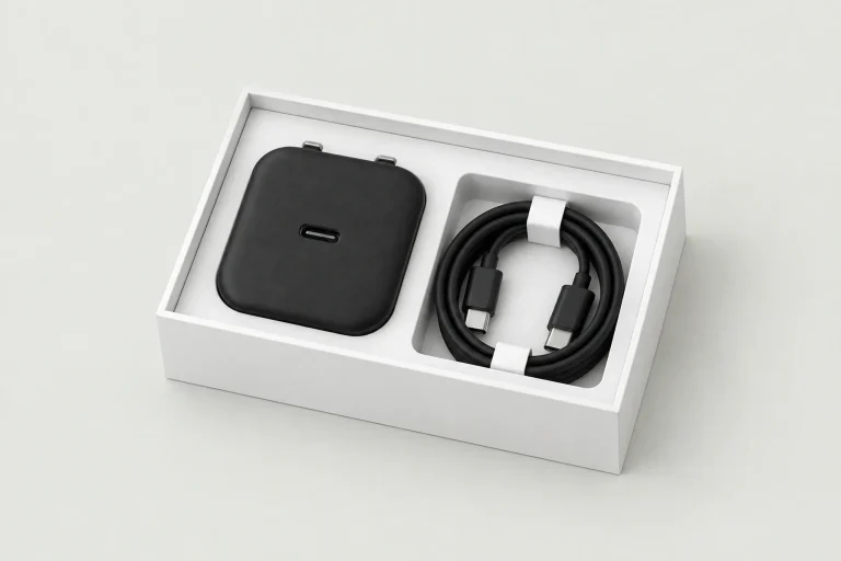 USB-C adapter and coiled cable in a plain white retail box with insert