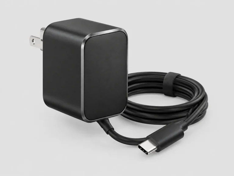 Black desktop power adapter brick with C14 inlet and DC cable