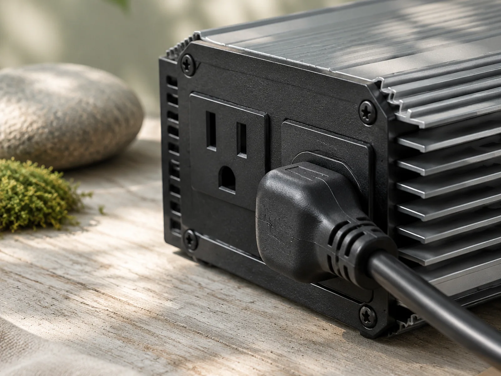 The outlet panel and heat-sink fins of a black inverter with a plug inserted.
