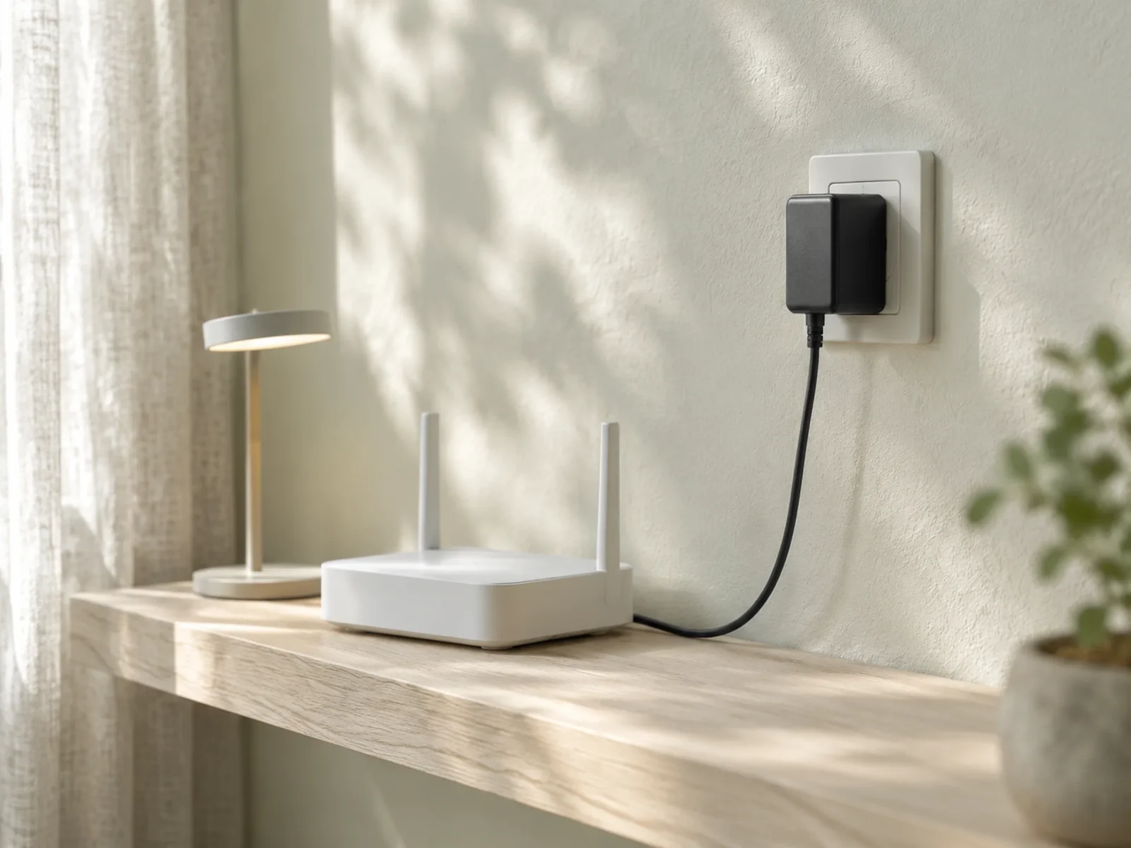 A 24 W wall adapter plugged into a home-office wall socket, its cable running to a router and a desk lamp on an ash shelf.