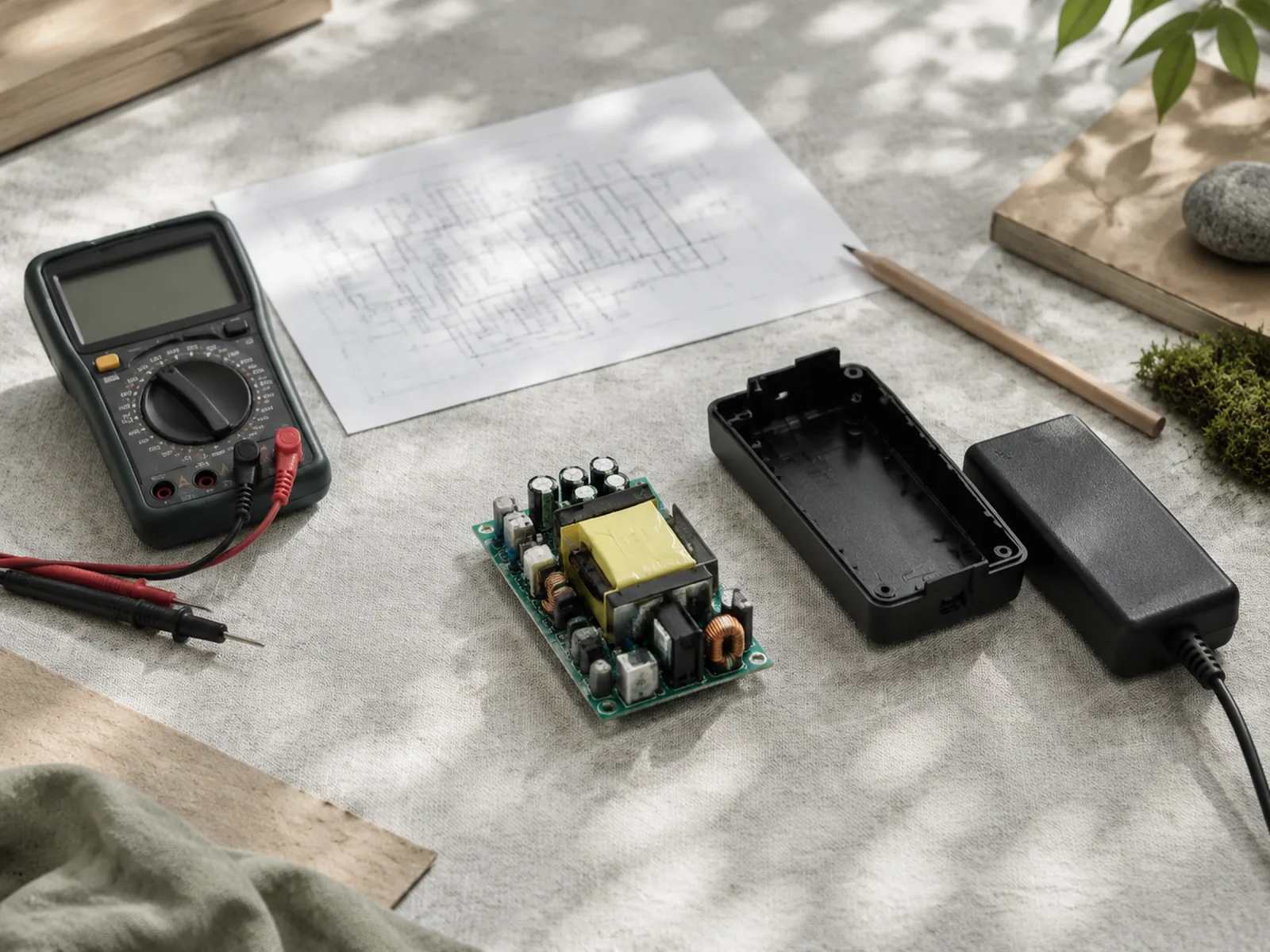 An engineering bench with a prototype circuit board, an opened adapter housing and a multimeter.