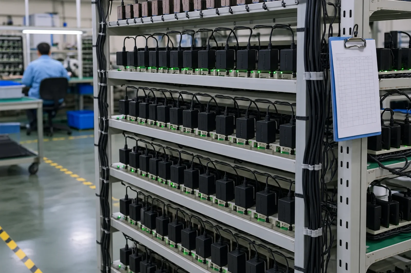 Burn-in aging rack with rows of black power adapters plugged in on metal shelves