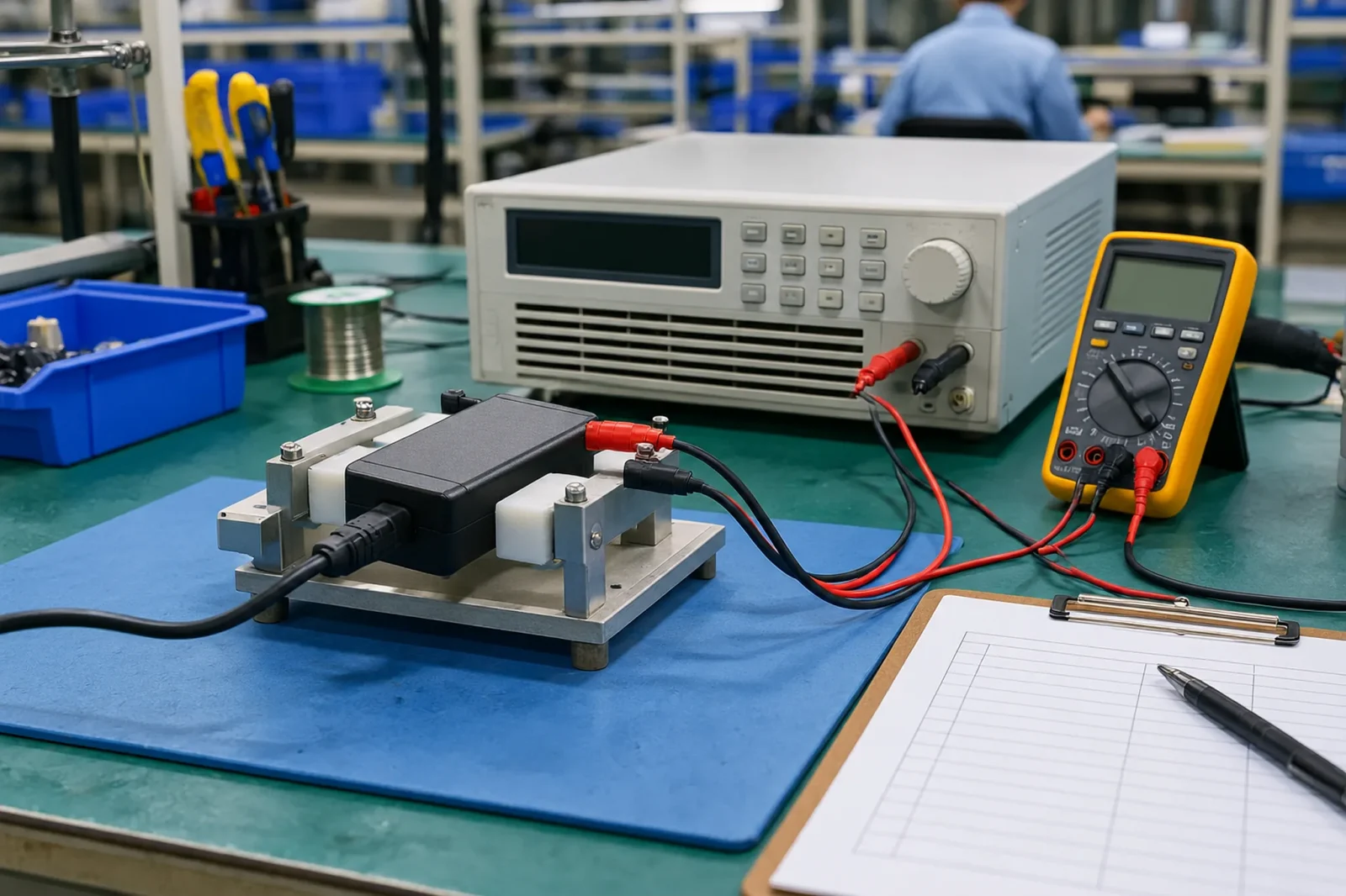 Black power adapter under test on a QC bench with an electronic load and test leads