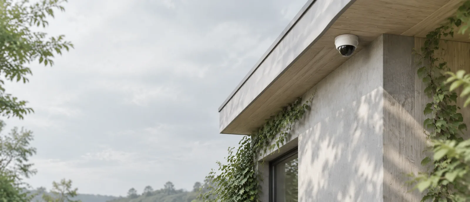 A light concrete and timber facade with a small dome camera under the eave.