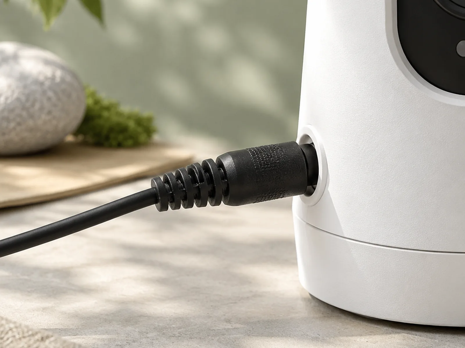 A black DC barrel connector plugged into the power input of a matte white device body.