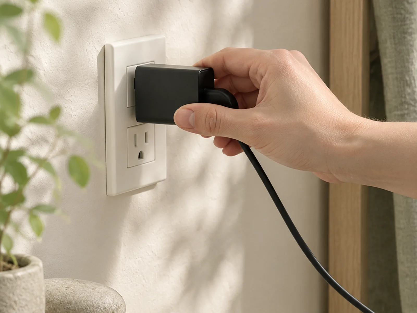 A hand plugging a small black wall adapter into a socket on an off-white wall.
