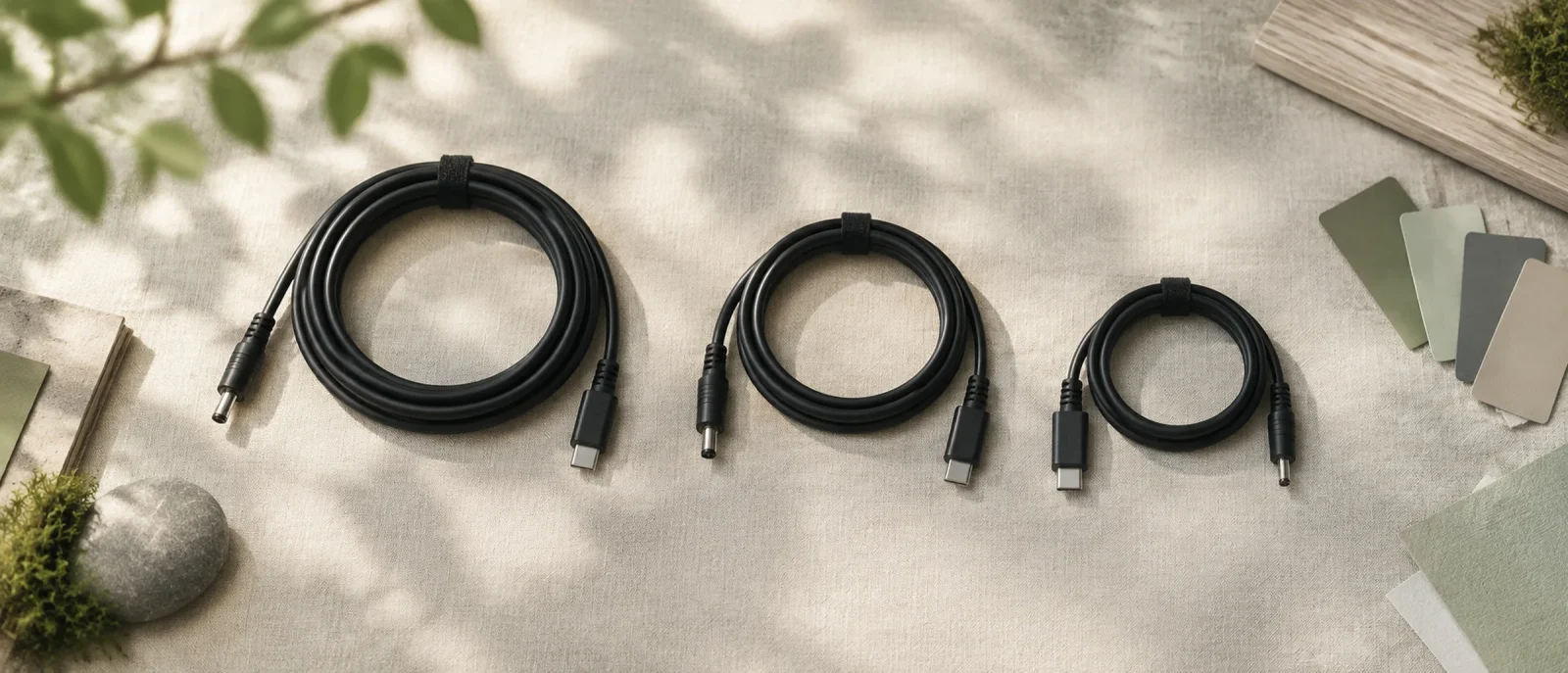 Three coiled black cables with different connectors beside muted colour swatch chips on linen.