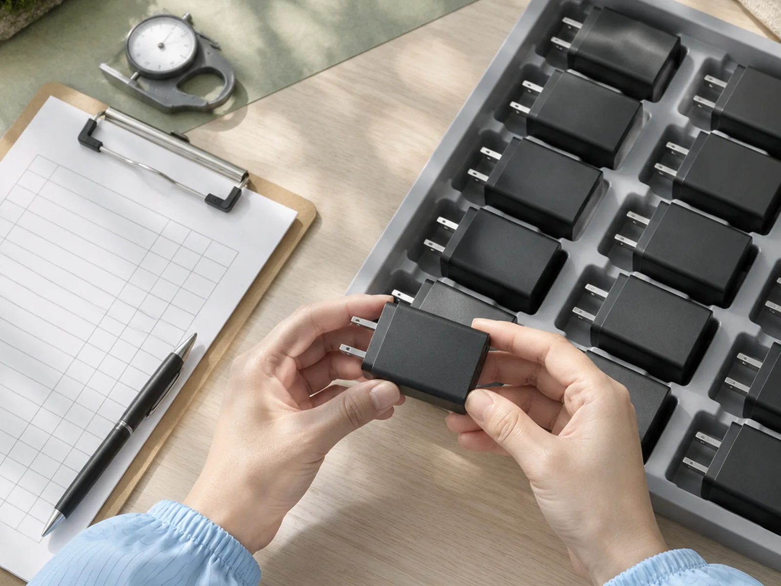 Hands in ESD sleeves inspecting one adapter above a tray of identical units and a blank checklist.