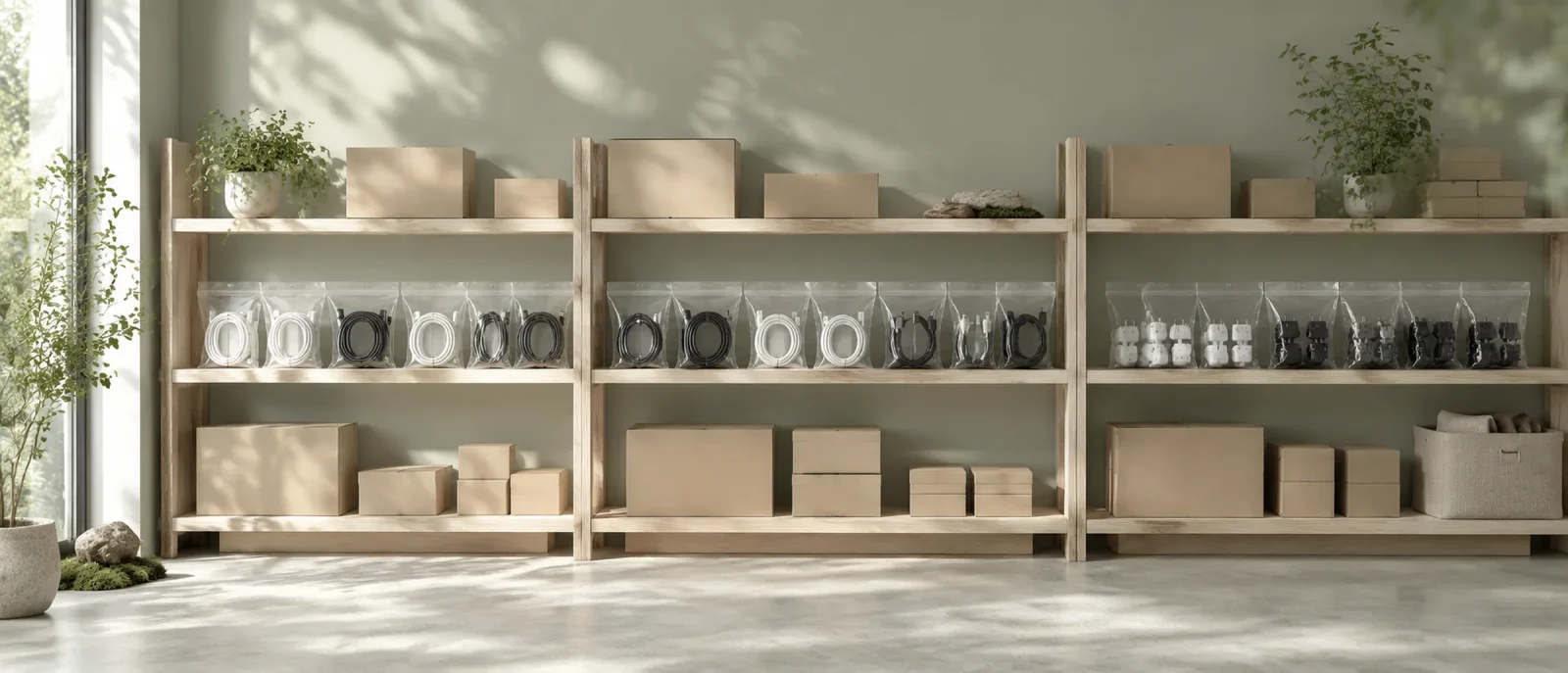 Ash shelves of plain unprinted cartons and clear bags of cables in a bright sample room.