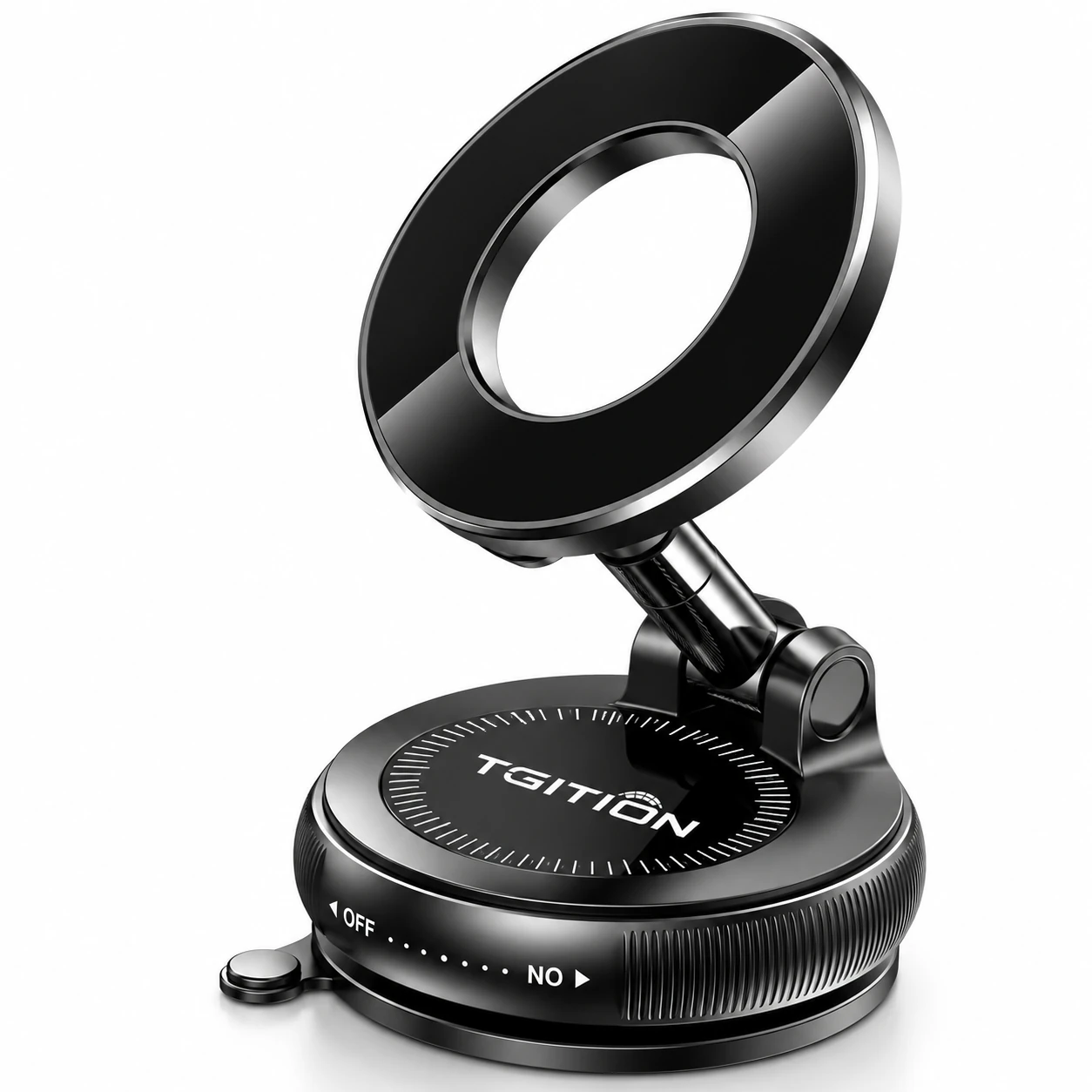 vacuum magnetic car phone mount, single unit with the arm raised and the base control markings visible