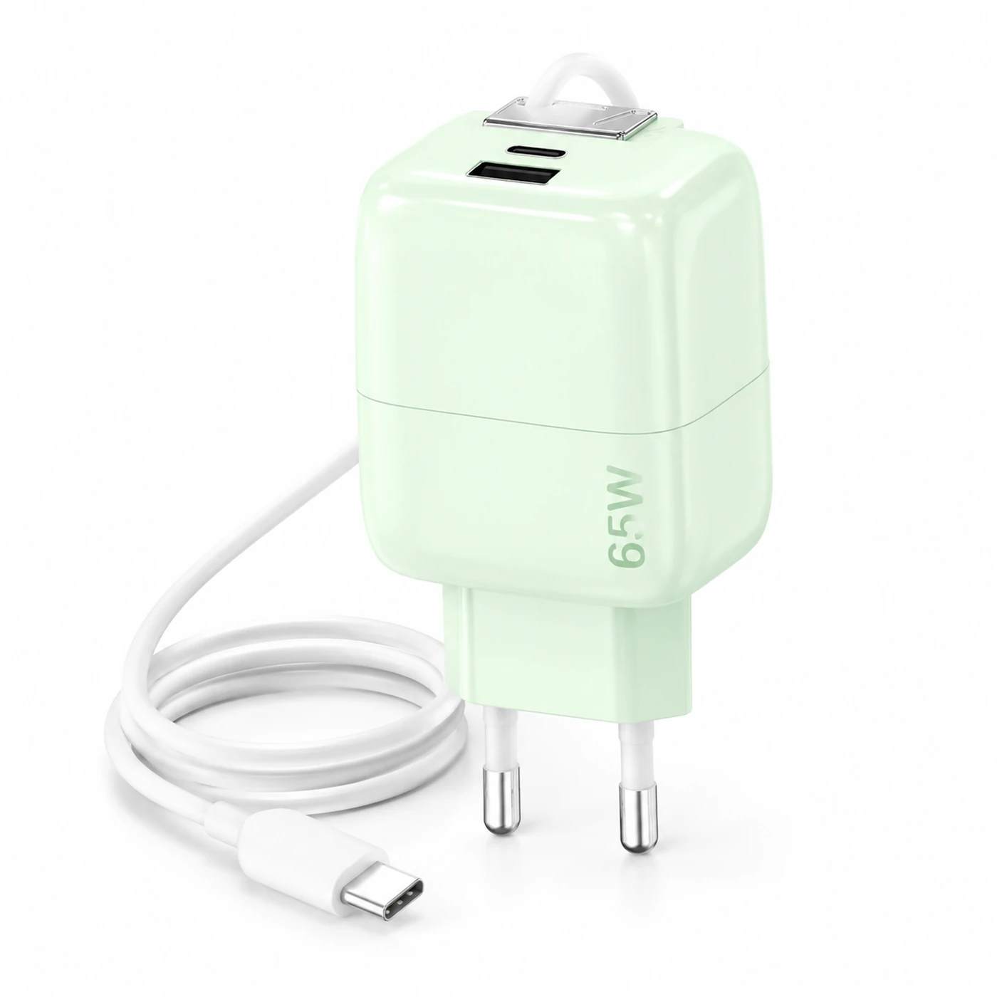 65 W charger on a plain background with the retractable cable uncoiled