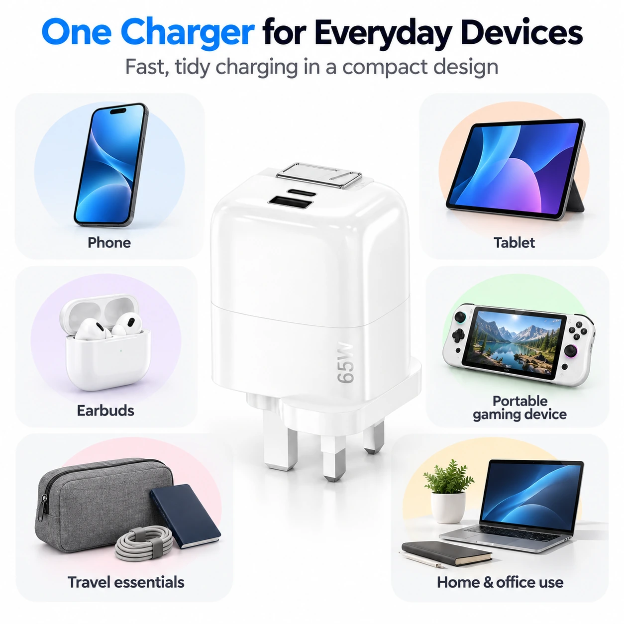one charger for phone, tablet, earbuds and travel devices
