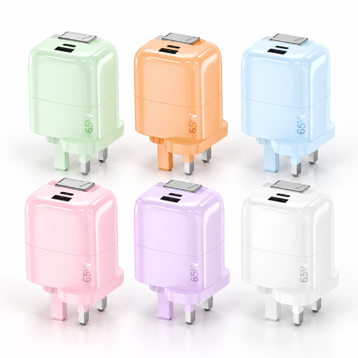 six single-colour chargers on a white background, UK plug