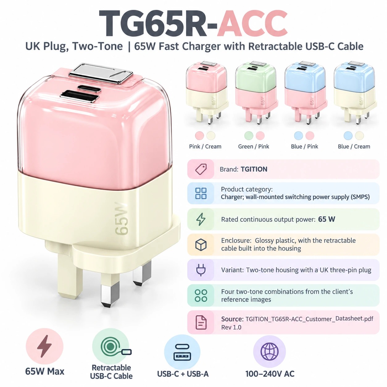TG65R-ACC UK plug, two-tone — product and connector overview