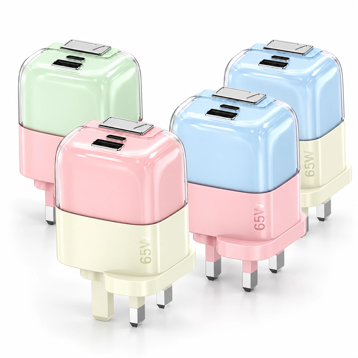 four two-tone combinations with UK plugs on a white background